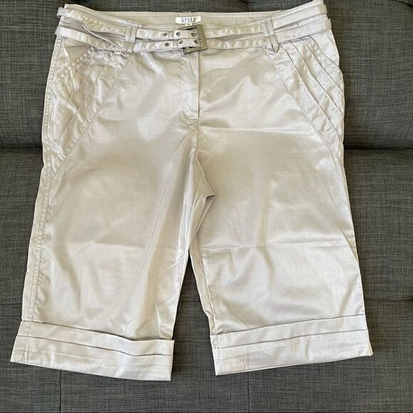 Silver Shiny Strappy Belt Bermuda Length Shorts - Picture 3 of 8